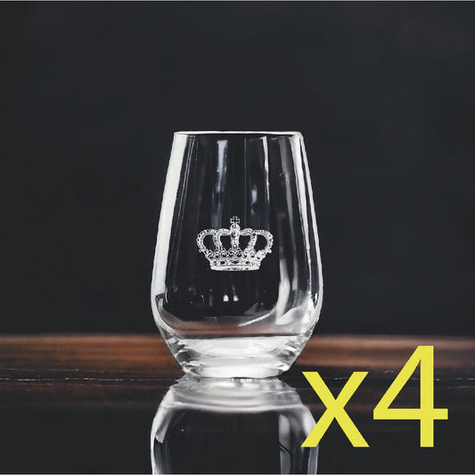 Crown Stemless Wine Glasses x4 Premium 15 Oz Personalize Royalty King Queen NEW