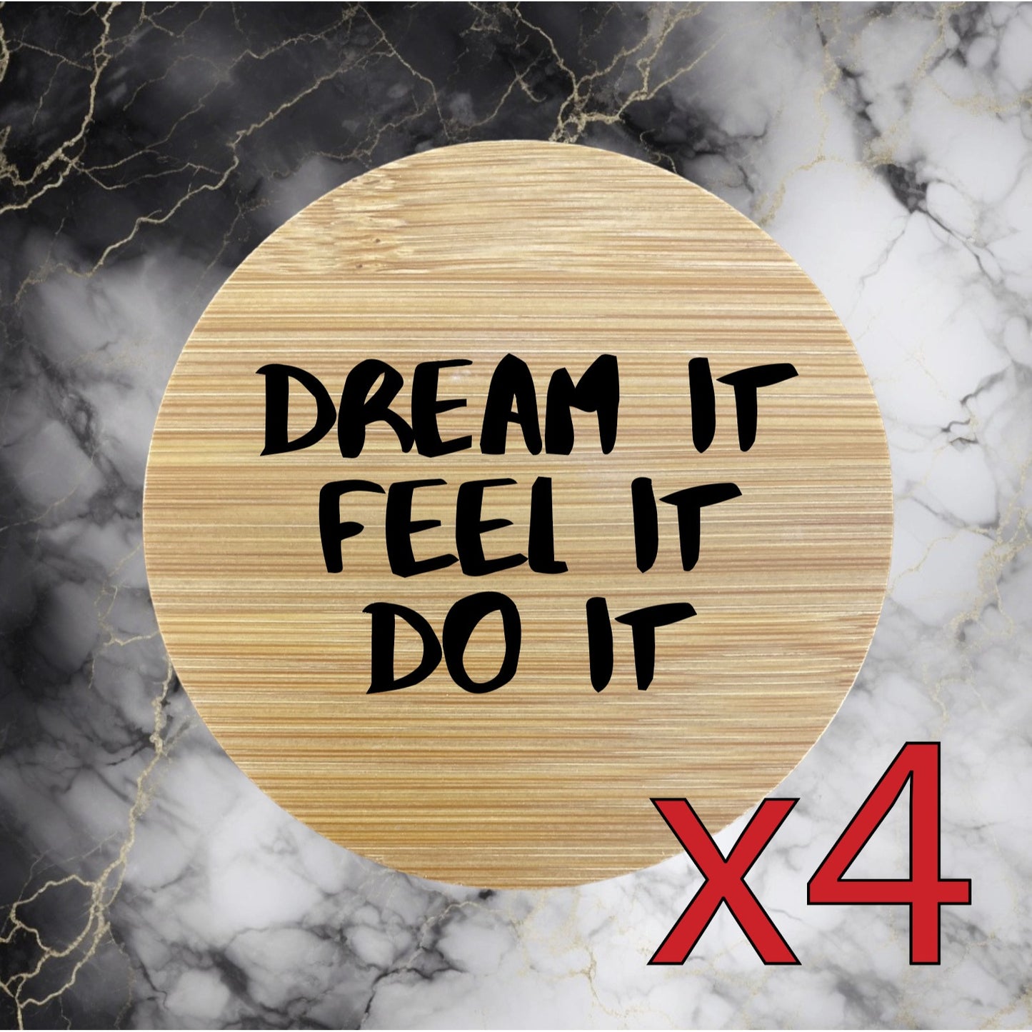 Dream It x4 Bamboo Coasters Drink Natural Wood Home Decor Lounge Do It Work NEW