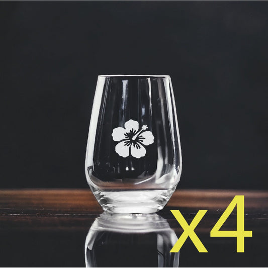 Hibiscus Flower Stemless Wine Glasses x4 Premium 15 Oz Personalize Tropical NEW