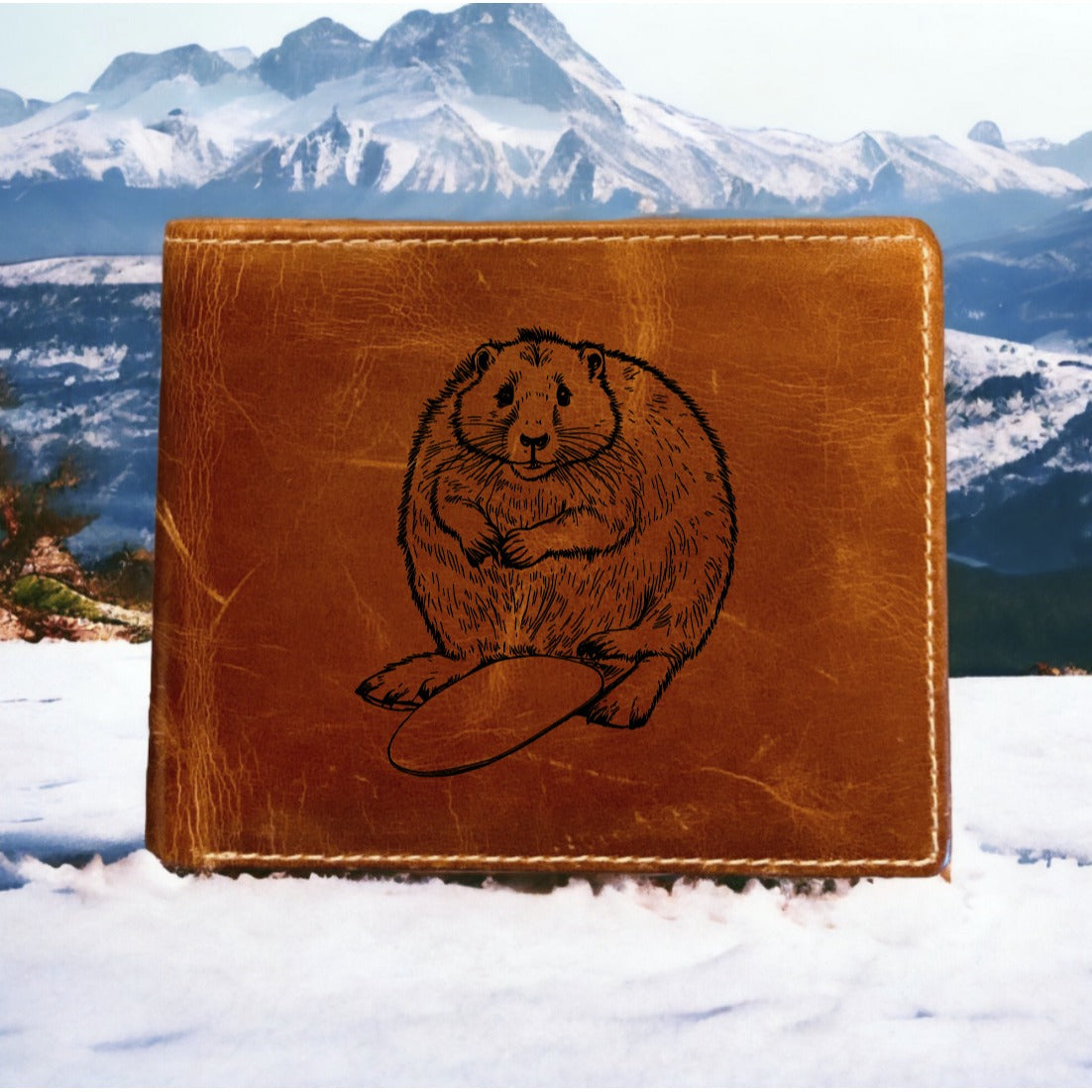 Bever Leather Wallet Bifold Premium Quality Buffalo Animal Wildlife Gift NEW