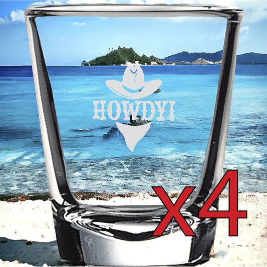 Howdy x4 Shot Glasses Spirit Liquor Party 2 Oz Premium Customize Cowboy Hat NEW