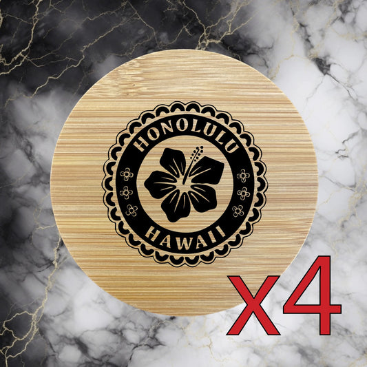 Hawaii x4 Bamboo Coasters Drink Natural Wood Home Decor Lounge Hibiscus NEW