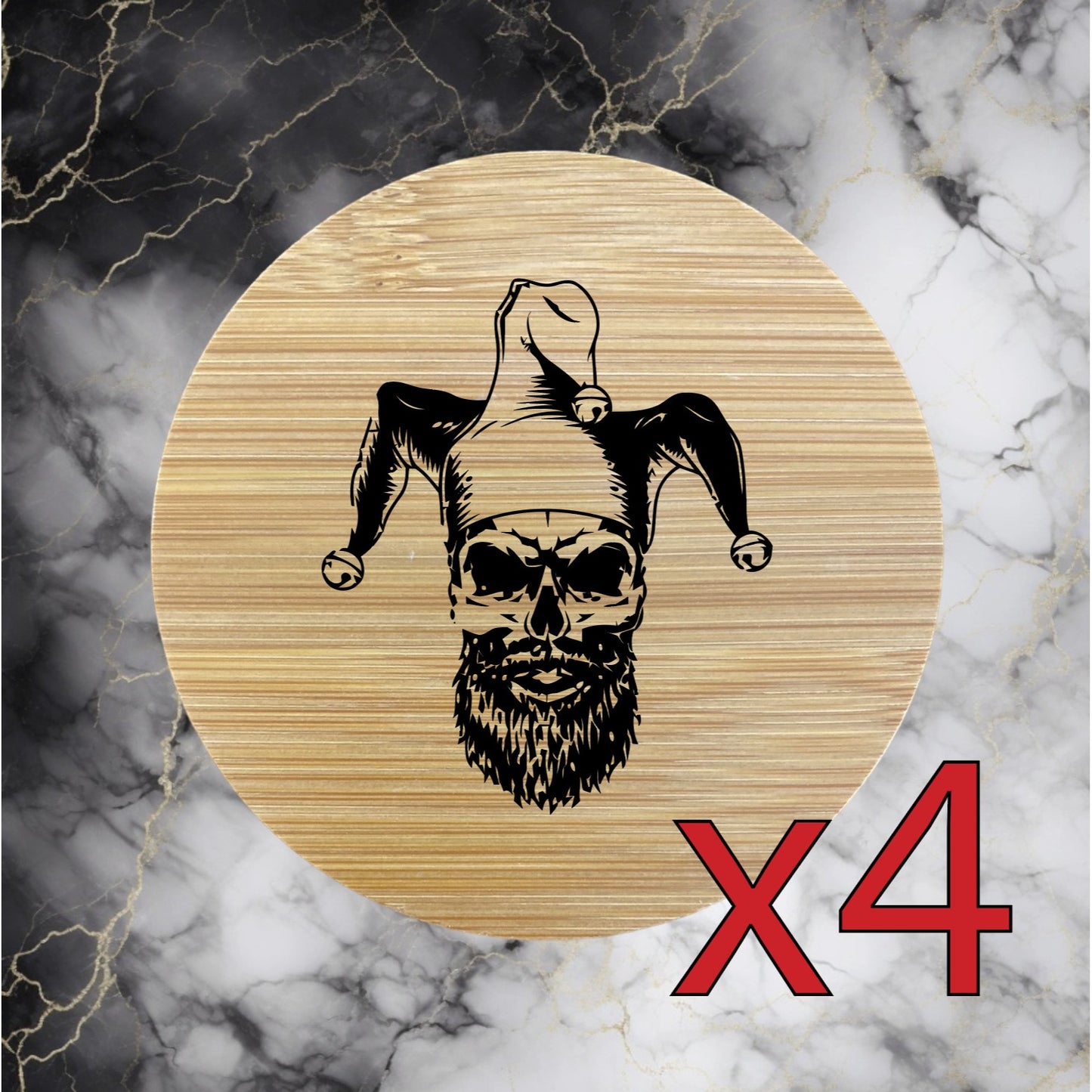 Skull Jester x4 Bamboo Coasters Drink Natural Wood Home Decor Lounge Joker NEW