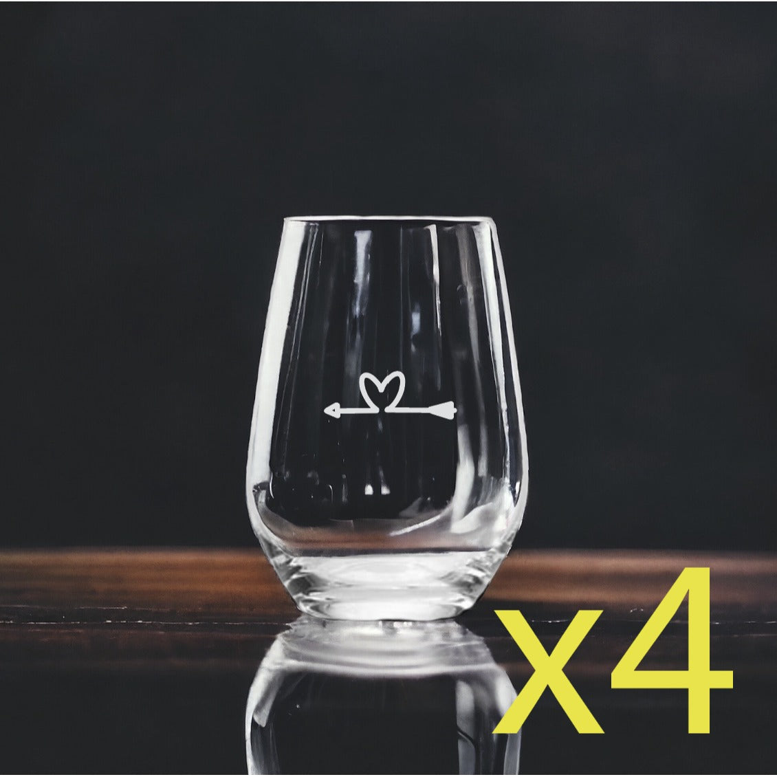 Arrow Heart Stemless Wine Glasses x4 Premium 15 Oz Personalize Love NEW