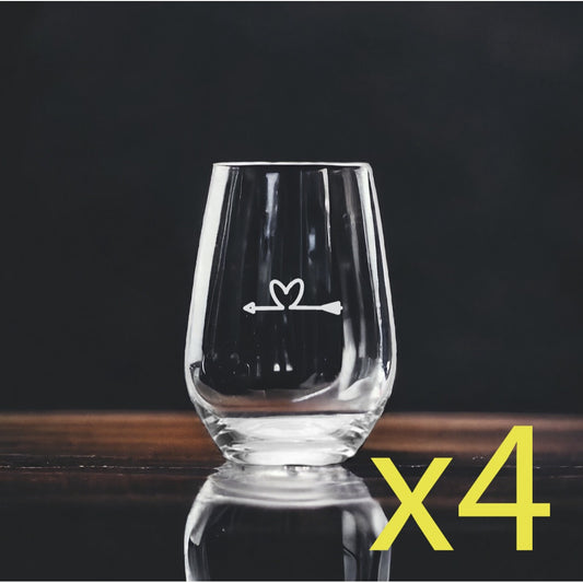 Arrow Heart Stemless Wine Glasses x4 Premium 15 Oz Personalize Love NEW