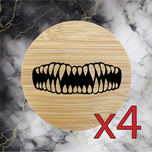 Monster Smile x4 Bamboo Coasters Drink Natural Wood Home Decor Lounge Horror NEW