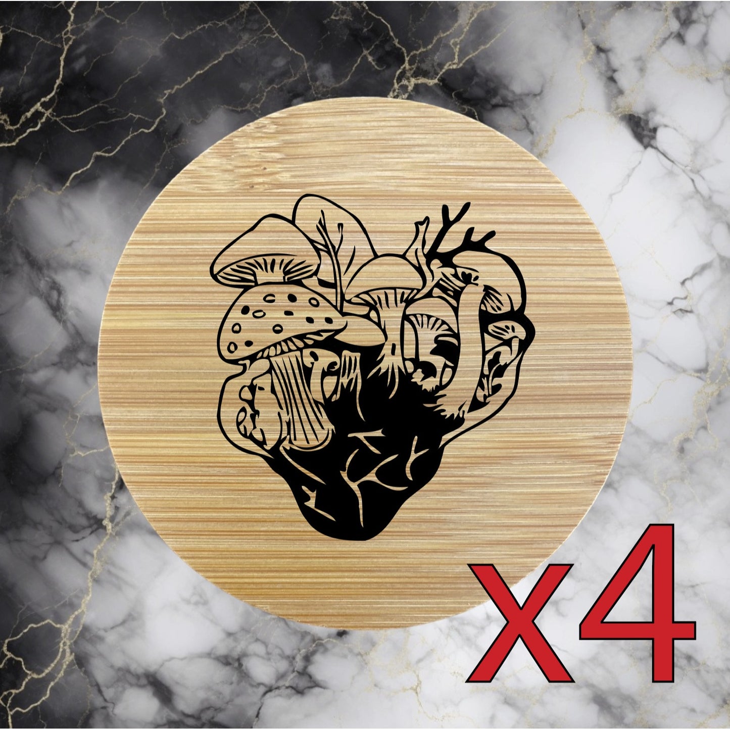 Mushroom Patch x4 Bamboo Coasters Drink Natural Wood Home Decor Lounge Wild NEW