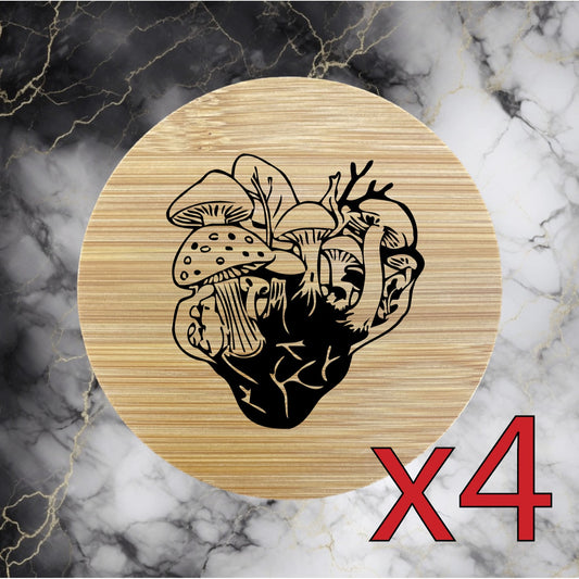 Mushroom Patch x4 Bamboo Coasters Drink Natural Wood Home Decor Lounge Wild NEW