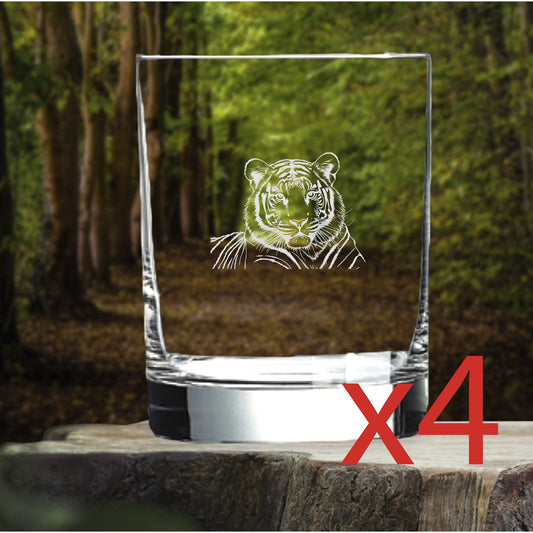 Tiger Whiskey Glasses x4 Double 14 Oz Premium Old Fashioned Animal Cat Gift NEW