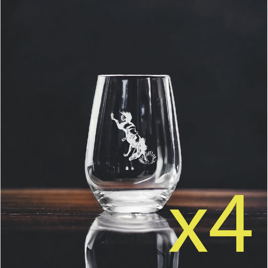 Bucking Bronco Stemless Wine Glasses x4 Premium 15 Oz Personalize Rodeo NEW