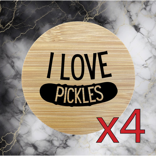 I Love Pickles x4 Bamboo Coasters Drink Natural Wood Home Decor Lounge NEW