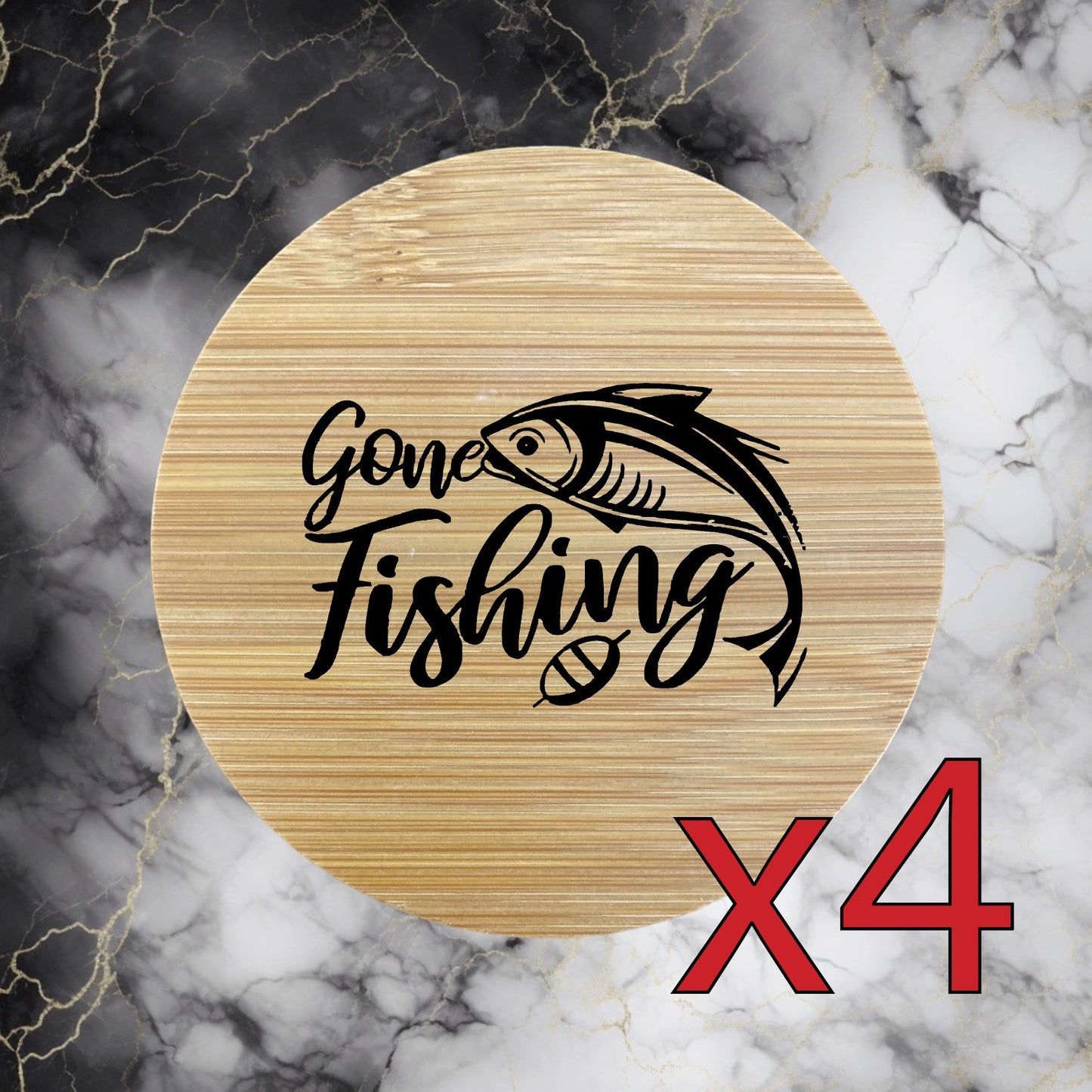 Gone Fishing x4 Bamboo Coasters Drink Natural Wood Home Decor Lounge Lure NEW