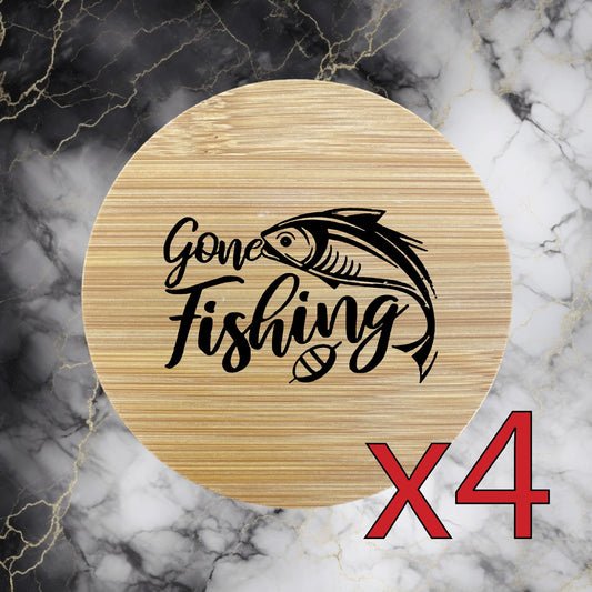 Gone Fishing x4 Bamboo Coasters Drink Natural Wood Home Decor Lounge Lure NEW