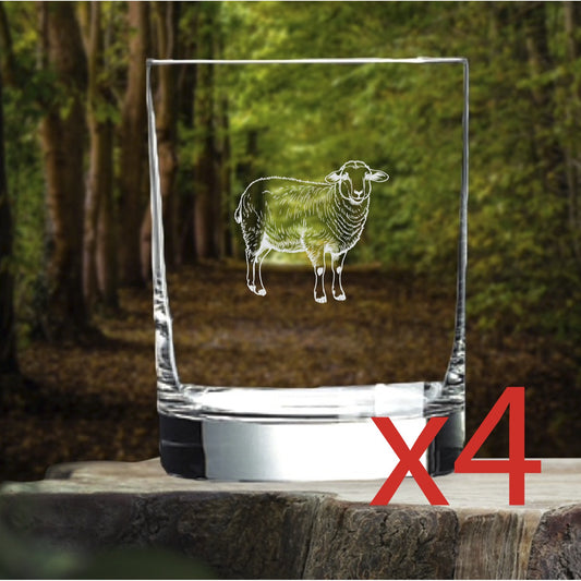Sheep Whiskey Glasses x4 Double 14 Oz Premium Old Fashioned Animal Lamb Gift NEW