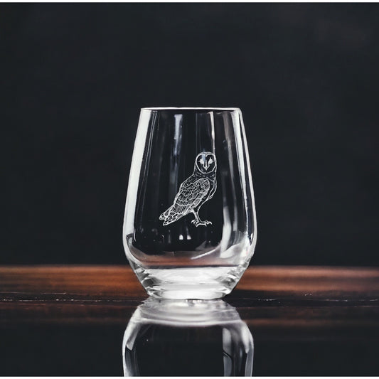 Barn Owl Stemless Wine Glasses x4 Premium 15 Oz Personalize Animal Gift NEW
