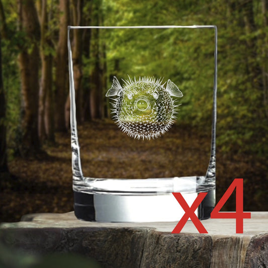 Pufferfish Whiskey Glasses x4 Double 14 Oz Premium Old Fashioned Animal Gift NEW