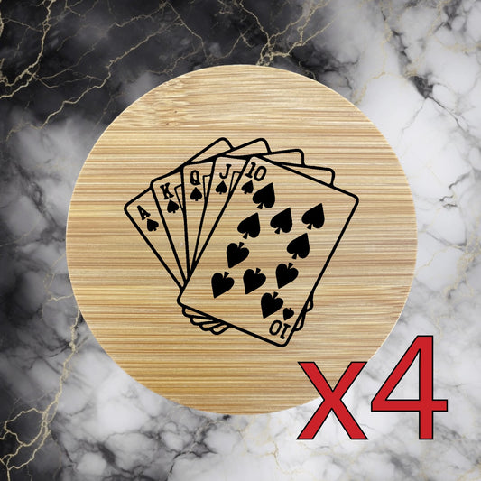 Royal Flush x4 Bamboo Coasters Drink Natural Wood Home Decor Lounge Poker NEW