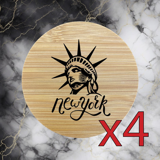 New York x4 Bamboo Coasters Drink Natural Wood Home Lady Liberty USA NEW