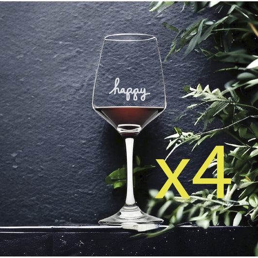 Happy Wine Glasses x4 Premium 12 Oz Personalize Positive Life Quote NEW