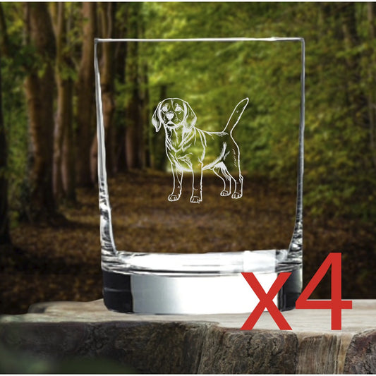 Beagle Whiskey Glasses x4 Double 14 Oz Premium Old Fashioned Dog Animal Pet NEW
