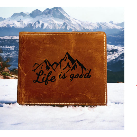 Life is Good Leather Wallet Bifold Premium Quality Buffalo Mountain Outdoor NEW