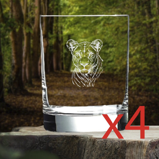 Lioness Whiskey Glasses x4 Double 14 Oz Premium Old Fashioned Animal Big Cat NEW