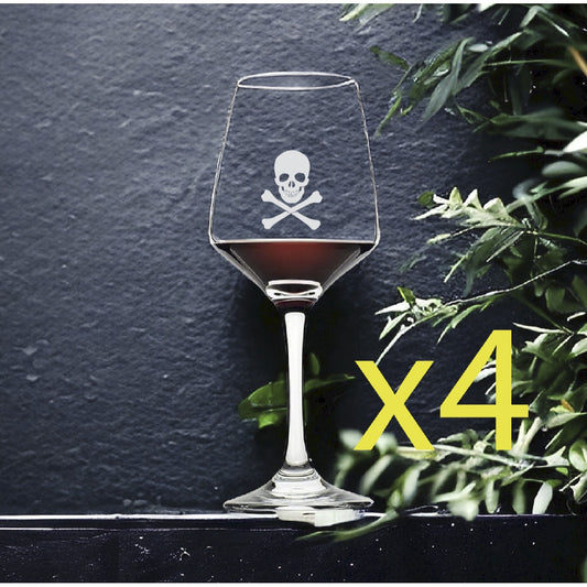 Skull Cross Bones Wine Glasses x4 Premium 12 Oz Personalize Pirate NEW