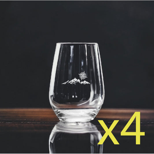 Mountain Compass Stemless Wine Glasses x4 Premium 15 Oz Personalize Travel NEW