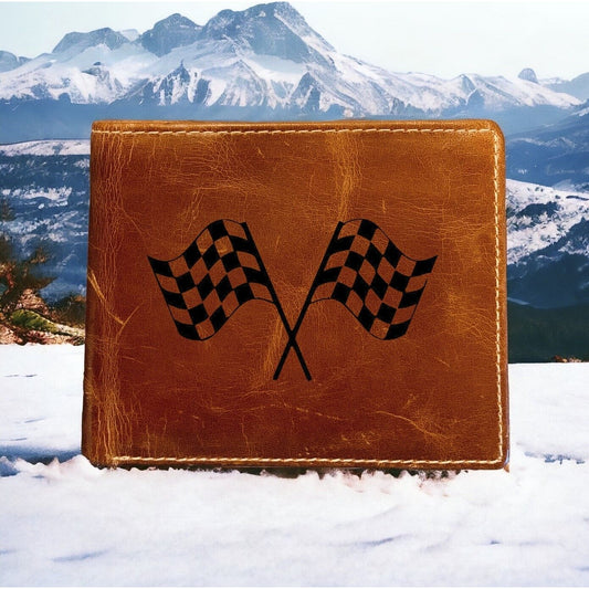 Checkered Flags Leather Wallet Bifold 100% Genuine Buffalo